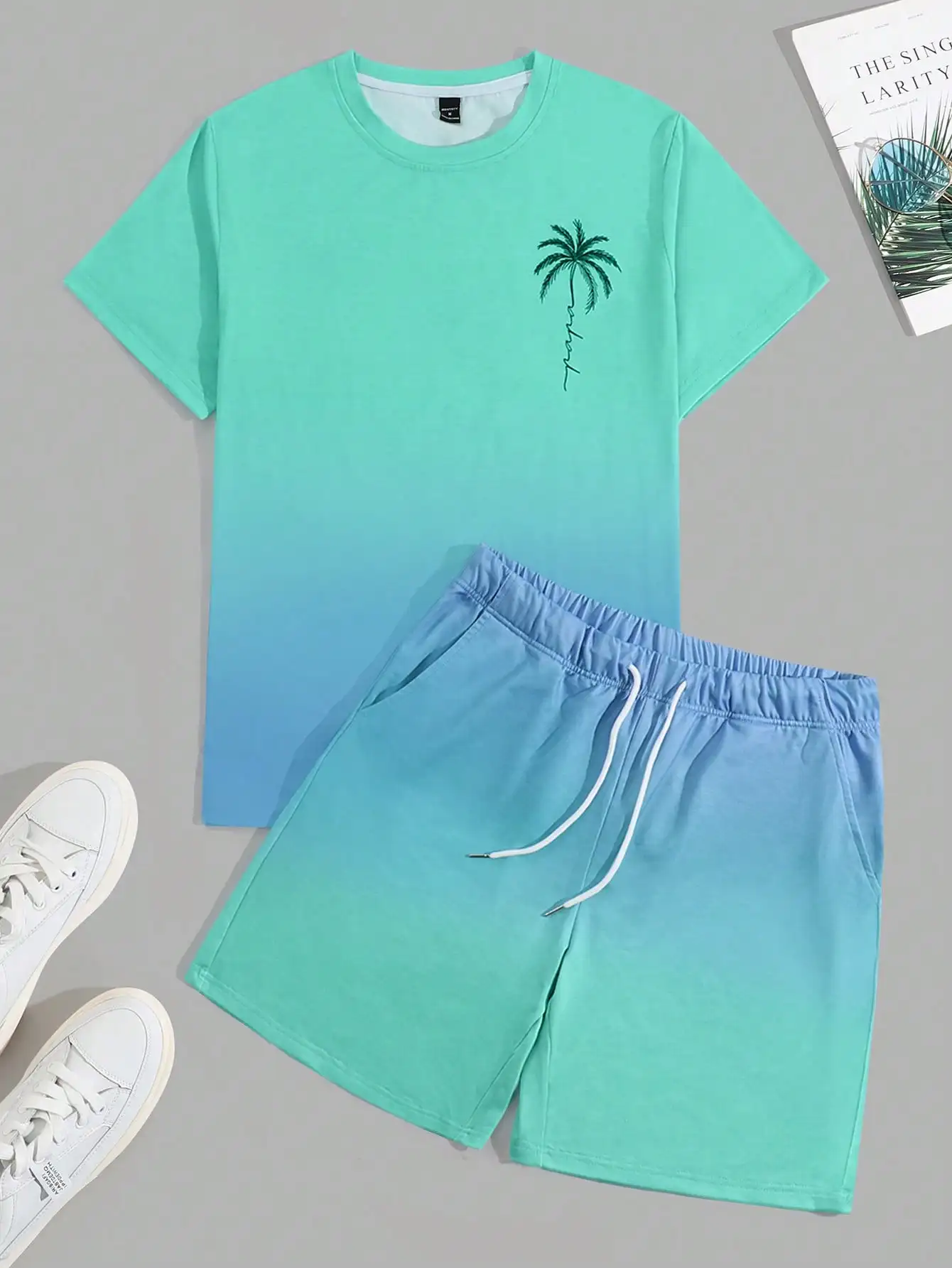 Men's Summer Gradient Palm Print Round Neck Short-sleeved Casual T-shirt and Belted Shorts Suit