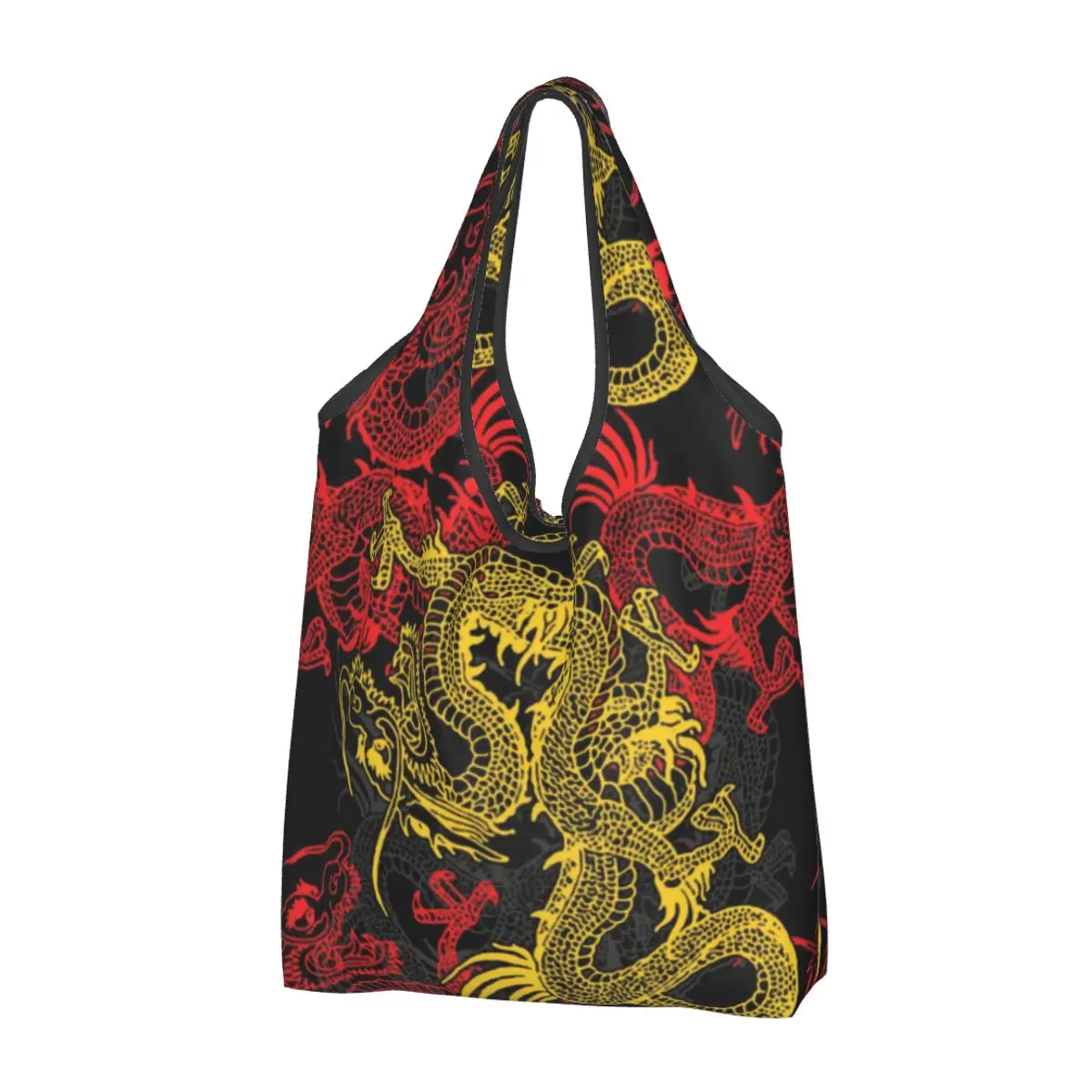 Recycling Golden Chinese Dragon Pattern Shopping Bag Women Tote Bag Portable Oriental Mythical Grocery Shopper Bags