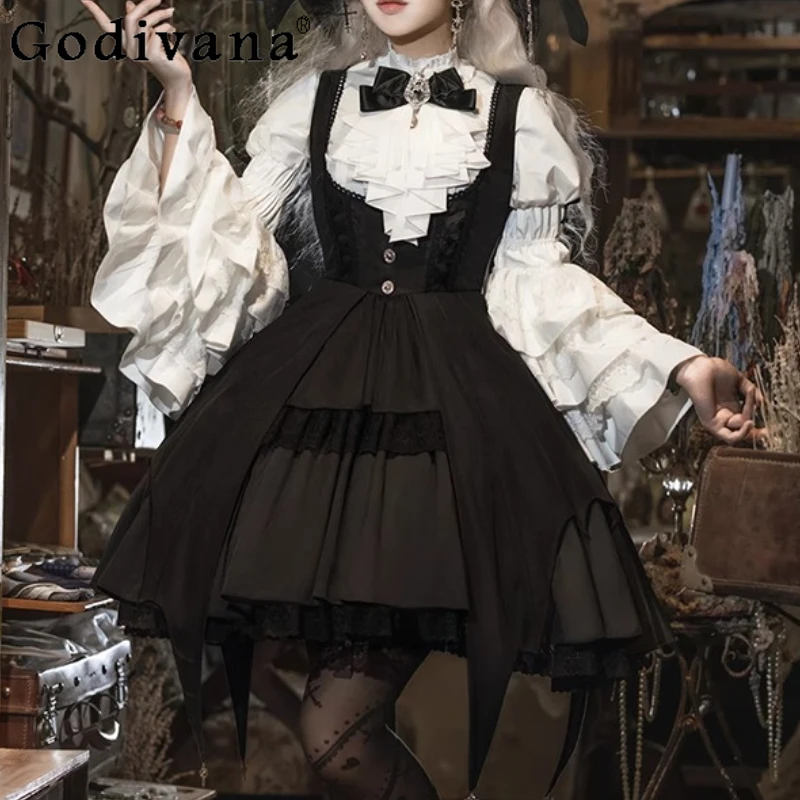 

Elegant Lolita Halloween Cos Magic Girl Goth Daily Spring Autumn black strap Dress White Flared Sleeve Versatile Irregular Shirt