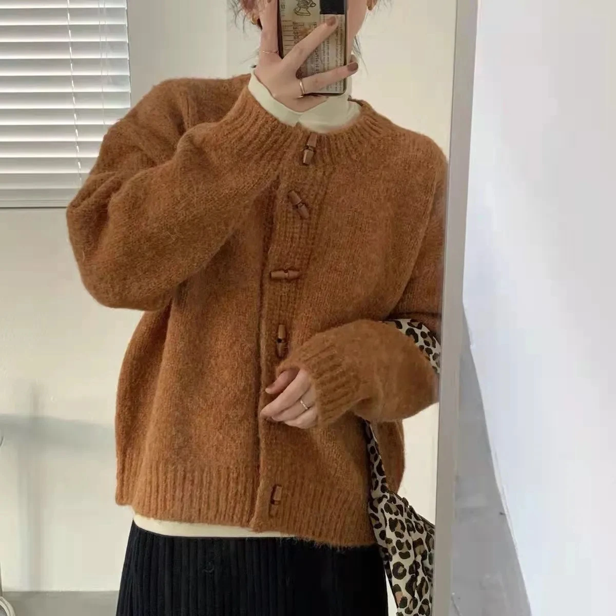 Women's Autumn Winter Retro Cowhorn Button Sweater Coat Lazy Korean Style, Thick and Warm Knitted Cardigan Showing Stylishness