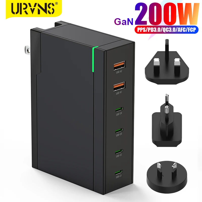 

URVNS 200W GaN Wall Charger 6-Port USB C PD 100W 60W Fast Travel Adapter for MacBook Pro/Air iPhone 14 13 Samsung Galaxy Xiaomi