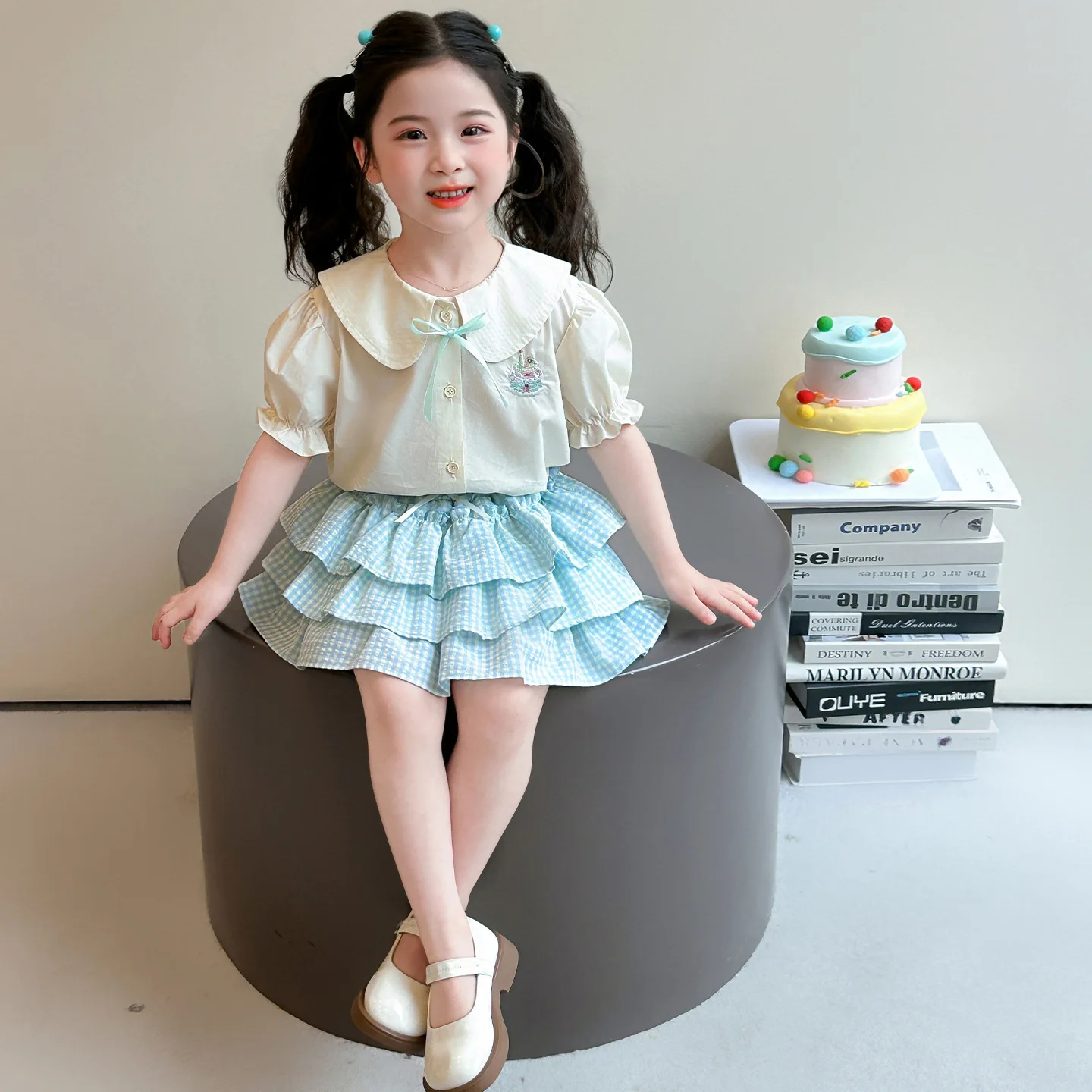 Girls' Sweet College Style Set Summer New Style 2026 Baby Girl Shirt Cake Skirt Two Piece Set Stylish Dressing