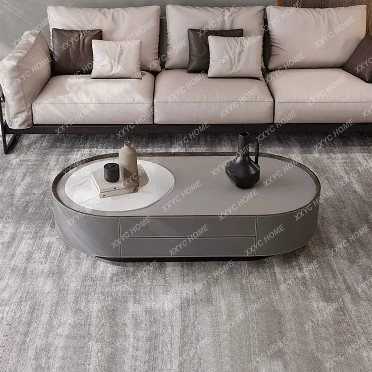 

HHigh-end saddle leather coffee table light luxury living room creative oval rock slab tea table