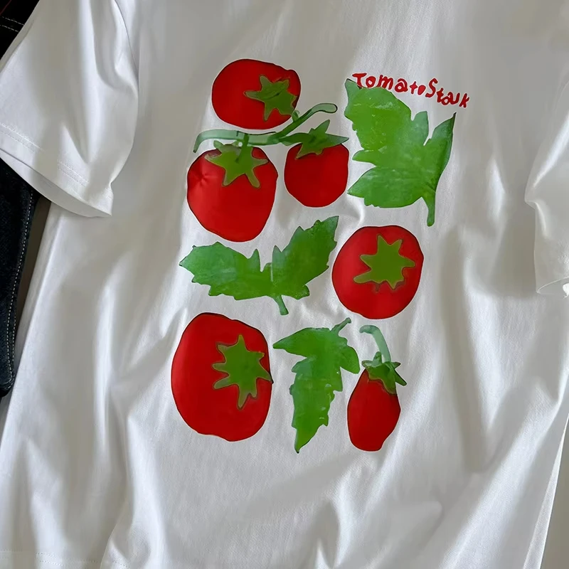 Camiseta con estampado de tomate de estilo coreano para mujer, camisetas holgadas y versátiles Retro de manga corta con cuello redondo, novedad de verano 2025, camisetas informales para mujer
