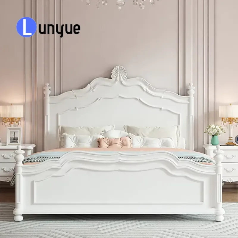 American Style All Solid Wood Double Bed French Simple Design White Black Bedroom Furniture Hotel Use Sturdy Durable