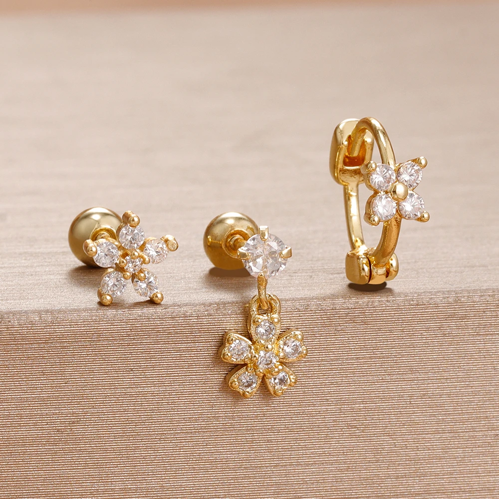 New Arrival Stainless Steel Flower Zircon Cartilage Piercing Earrings Set For Women 14K Gold Plated Stud Earring Luxury Jewelry