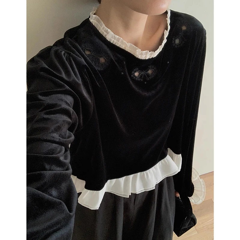 Gaganight Women Black Fungus Edge Stand Collar Embroidery Hollow Bow Shirt 2024 Korean Chic Temperament Versatile Velvet Sweater