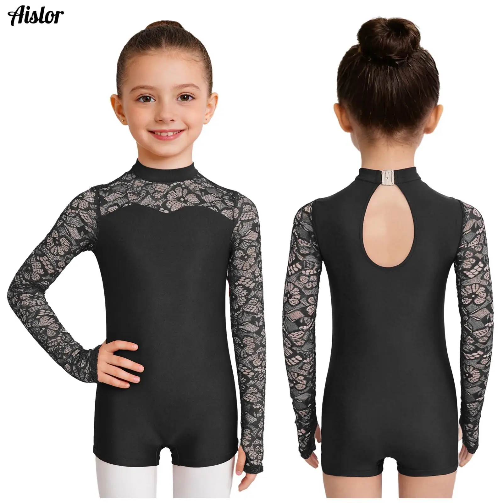 

Lace Patchwork Ballet Leotard for Girls Long Sleeves Keyhole Back Dance Wear Rhythmic Gymnastics Unitard Summer Practice Clothes