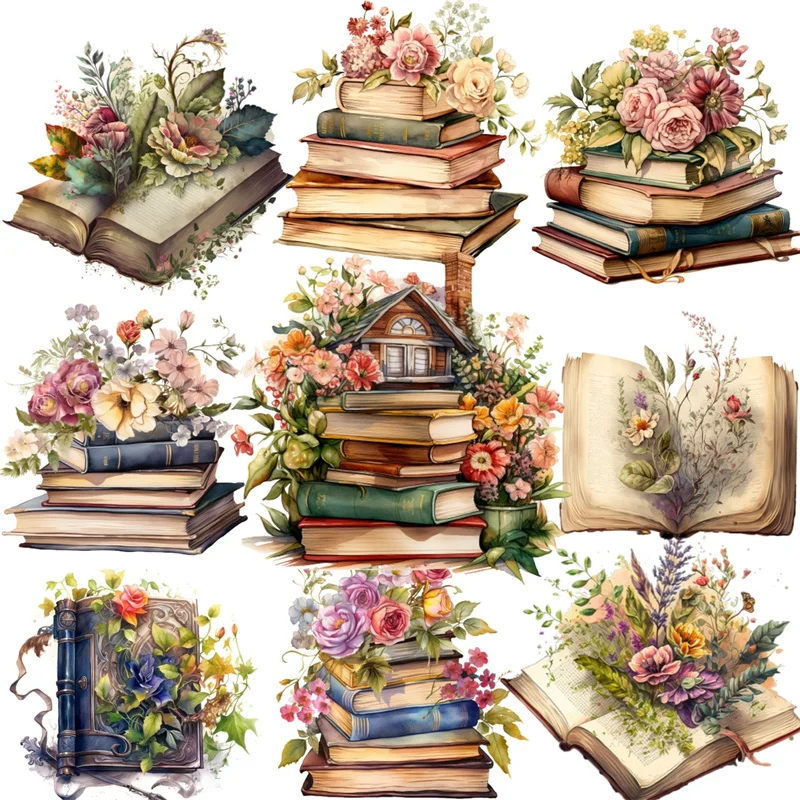 Watercolor Nostalgic Retro Plant and Flower Books Stickers DIY Scrapbooking Diary  Project Decoration  Vintage  Journal