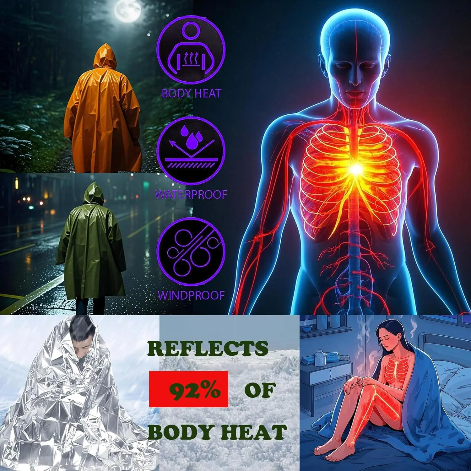 معطف واق من المطر للتخييم مقاوم للماء في حالات الطوارئ في الهواء الطلق متعدد الوظائف ملابس عاكسة معدات التخييم Survie المشي لمسافات طويلة