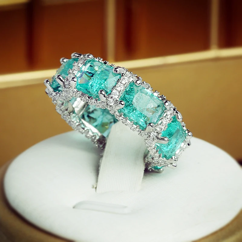 

Luxurious Paraiba Sapphire Princess Cut Full Diamond Couple Ring For Women Geometric Zirconia Engagement Bridal Gift Jewelry