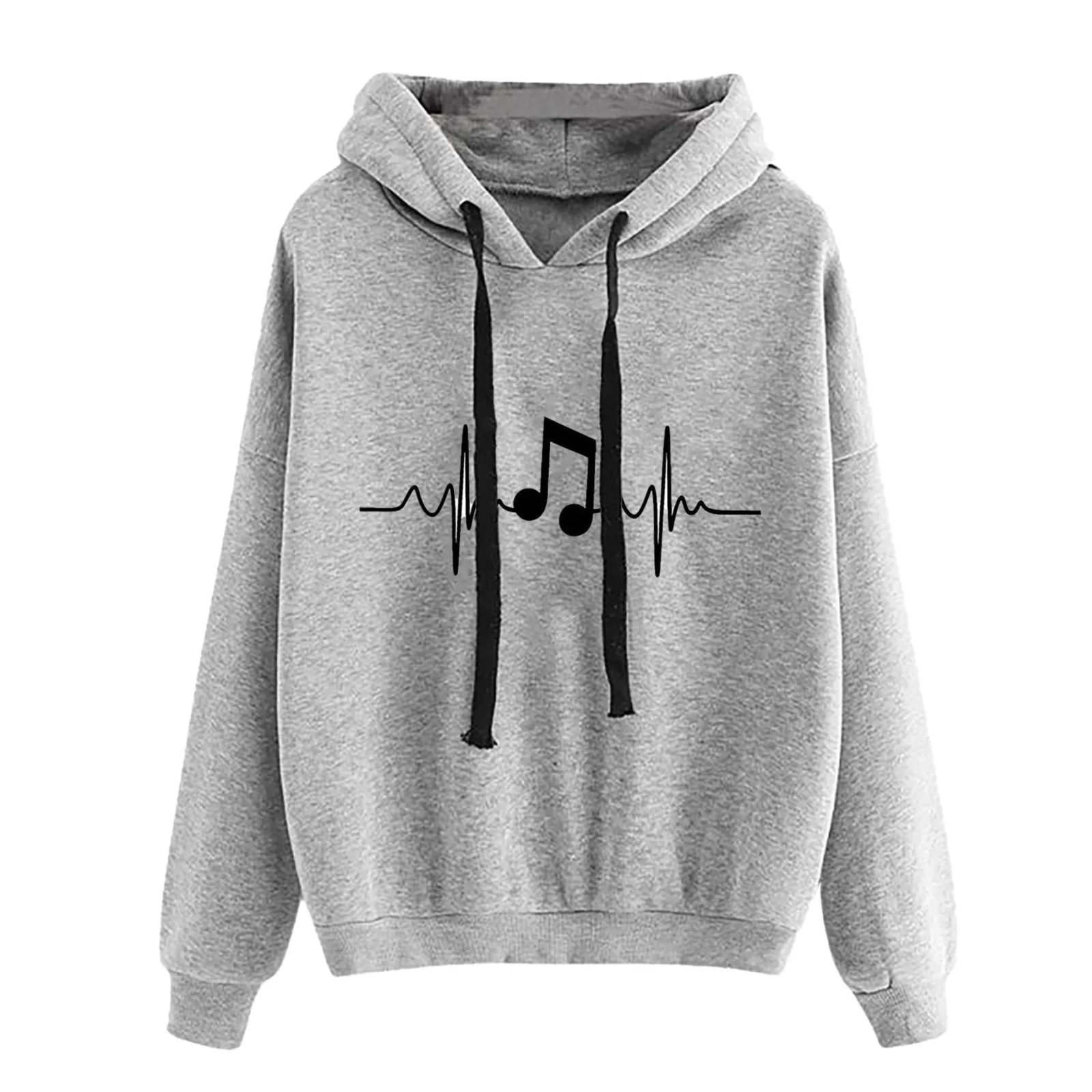 Ladies Round Neck Long Sleeve Musical Note Print Solid Color Hooded Sweatshirt Fashion Loose Long Sleeve Top Womens Zip Sweater