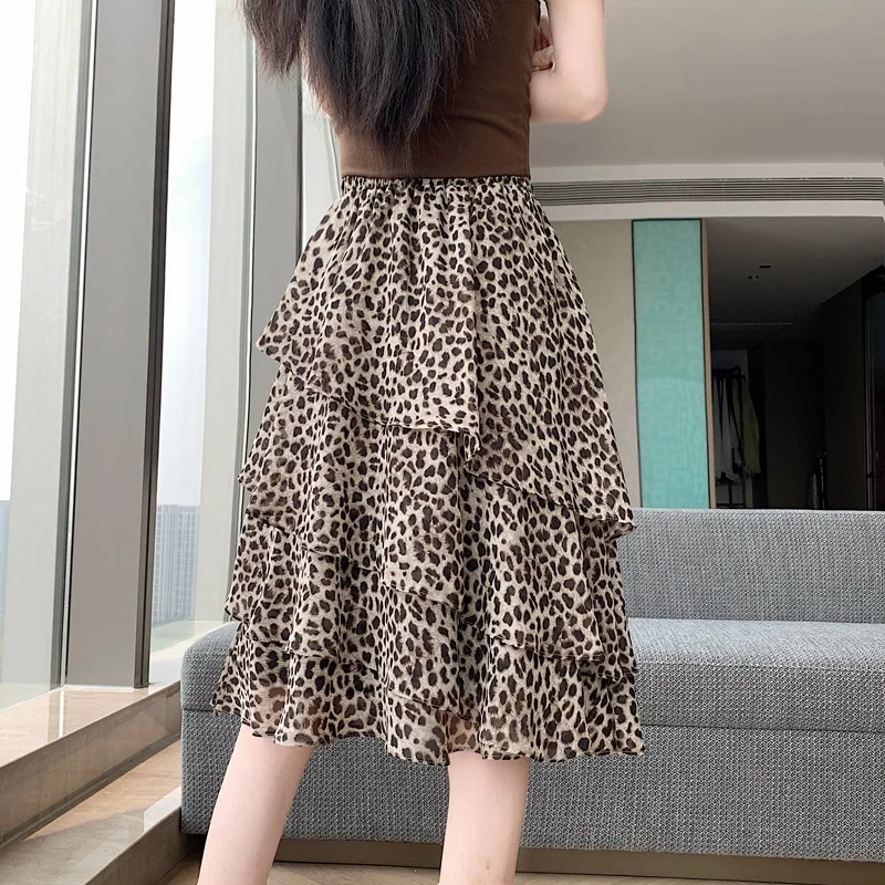 High Waist Asymmetrical Skirt Brand Buckle Design Leopard Print Chiffon Women's Midi Skirt Layered Cake Skirt Breathable Skin...