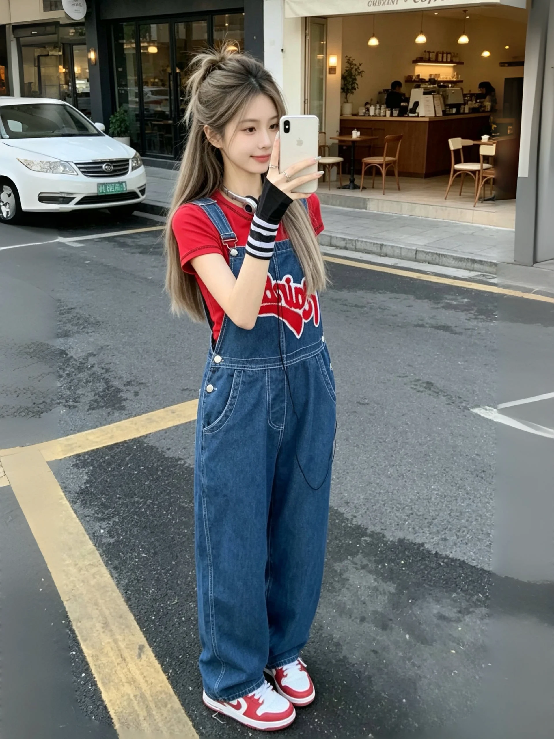 

Retro American Vibe Embroidered Letter Denim Overalls Women High Waist Straight Leg Jeans Street Style Vintage Washed out