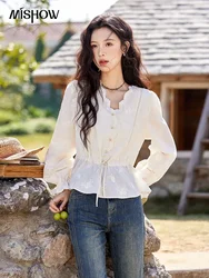 MISHOW Embroidered Blouse Women 2025 Spring New French Elegant Apricot Lace Premium Drawstring Design V Neck Tops MXE11X1708