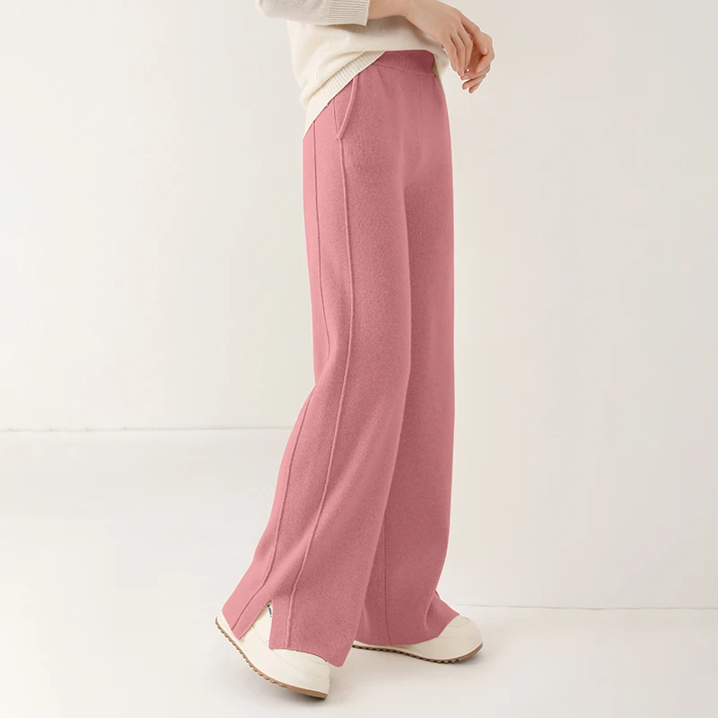 Women Wool Wide Leg Trousers Elastic Waist Side Slit Cashmere Pants Autumn Winter 100% Merino Wool Knitted Soft Warm Trousers