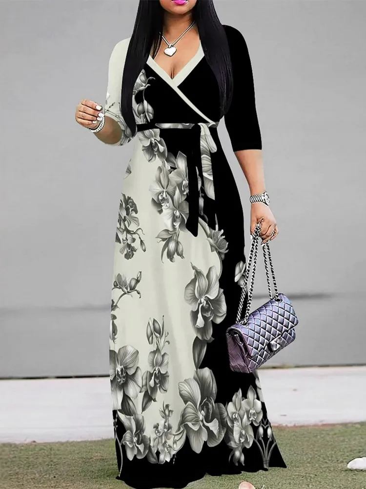 

3XL 4XL Plus Size Clothes V-Neck Dresses Women Robes Summer Autumn Print Loose Street Style Casual Big Size Maxi Long Dress