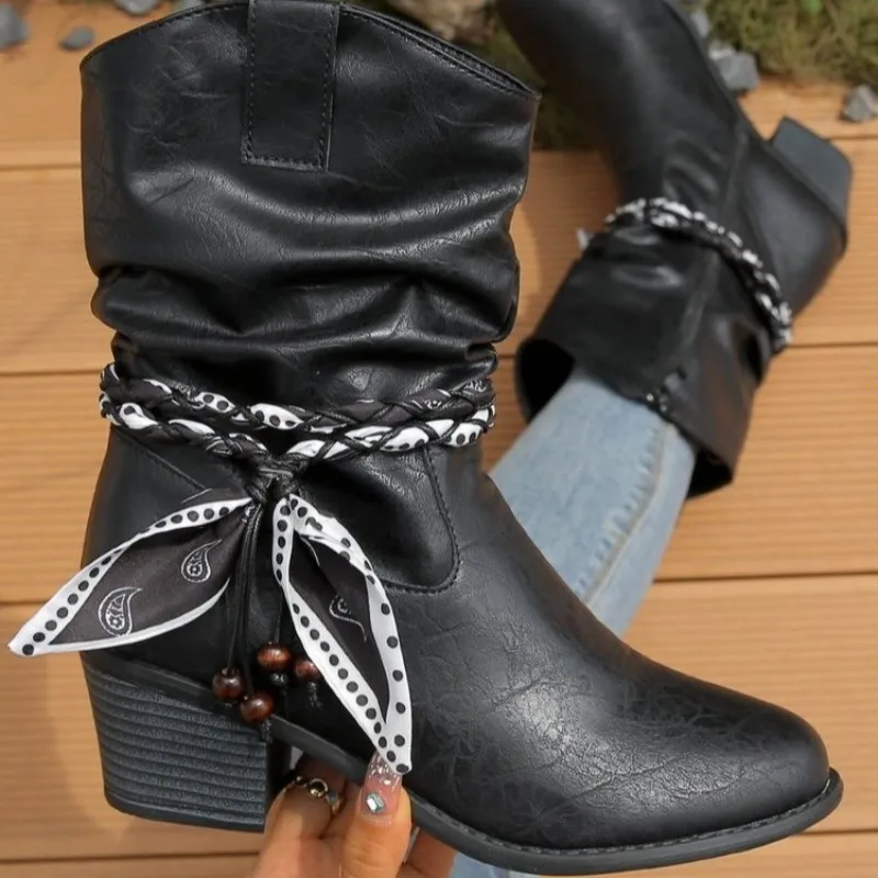 

Ladies' retro casual boots with chunky heels, fashionable and versatile, elegant and available in large sizes, short boots 2025