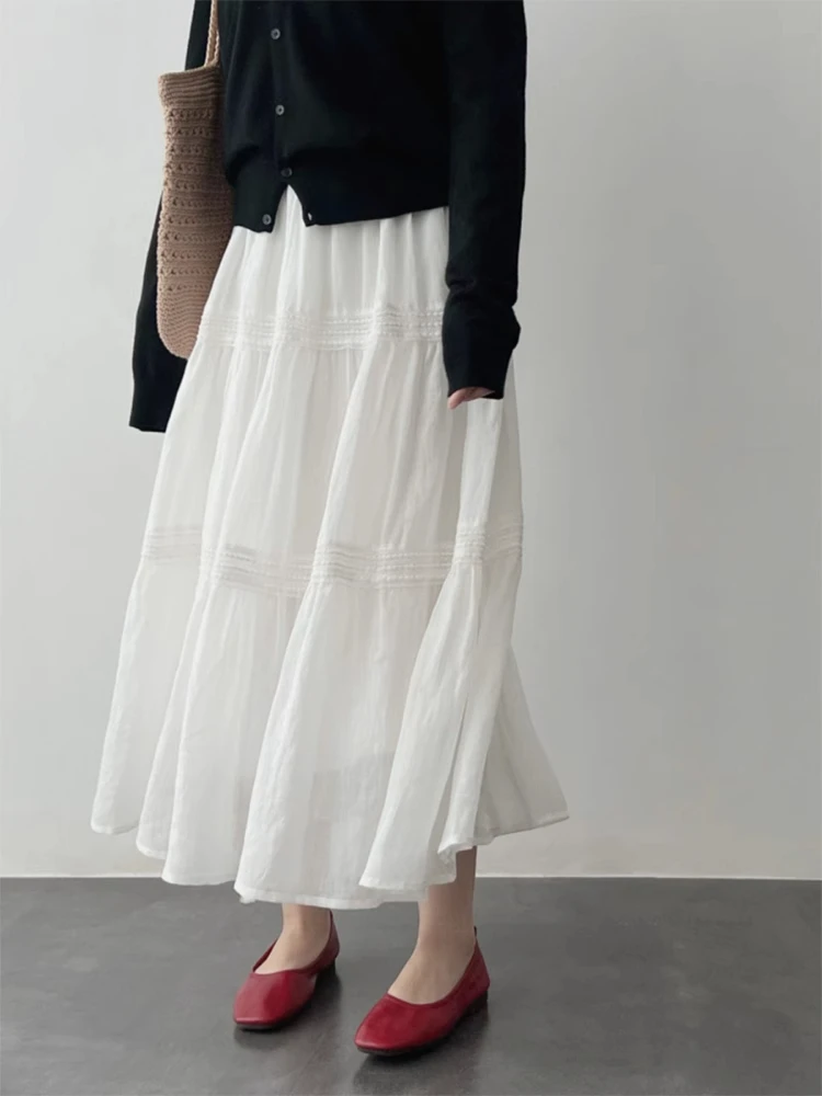 

Женская весенняя юбка А-силуэта с кружевными вставками, корейская, удлиненная, для офиса, скрывающая недостатки фигуры, стройнящая, в корейском стиле