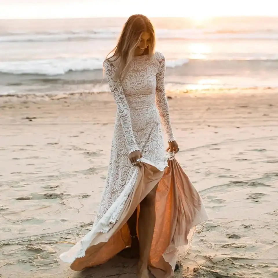 Vestido De novia bohemio De encaje personalizado, vestidos De novia De playa con espalda descubierta y abertura lateral De manga larga, Vestido De novia 2024