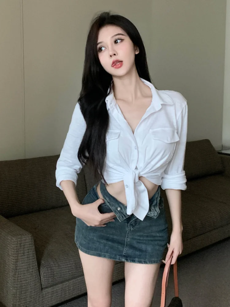 Shirts Women Chic Korean Sexy Style High Street Solid Club Summer Slim Casual All-match Mujer Blusas Long Sleeve Hotsweet Tops