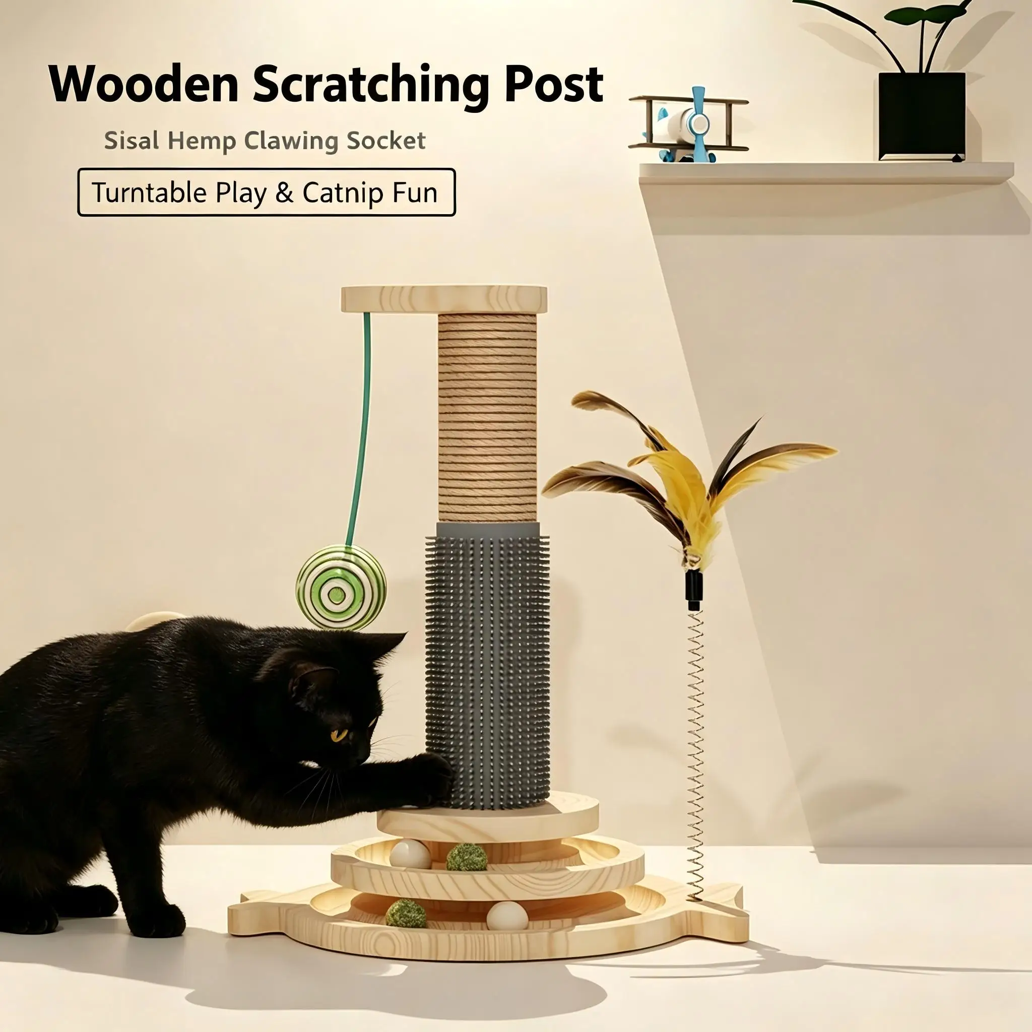 Cat Scratcher Post Rotating Turntable Toy Sisal Scratching Column Self Grooming Brush Durable Solid Wood Pet Supplies