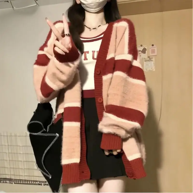 Pull femme chaud tricots manteau printemps rouge couleur bloc tricot portable Midi ample épais Cardigan