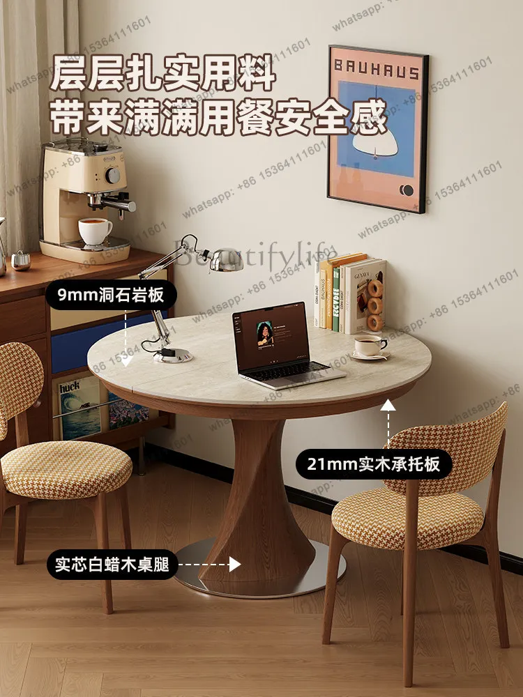 YJ travertine rock slab solid wood telescopic round  table becomes oval stretching small apartment medium and ancient style