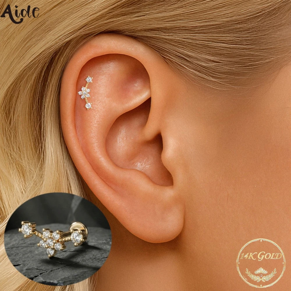 Aide 14K Real Gold Zircon Piercing Stud Minimalist Cartilage Earrings for Women Wedding & Party Ear Bone Puncture Jewelry 1PC