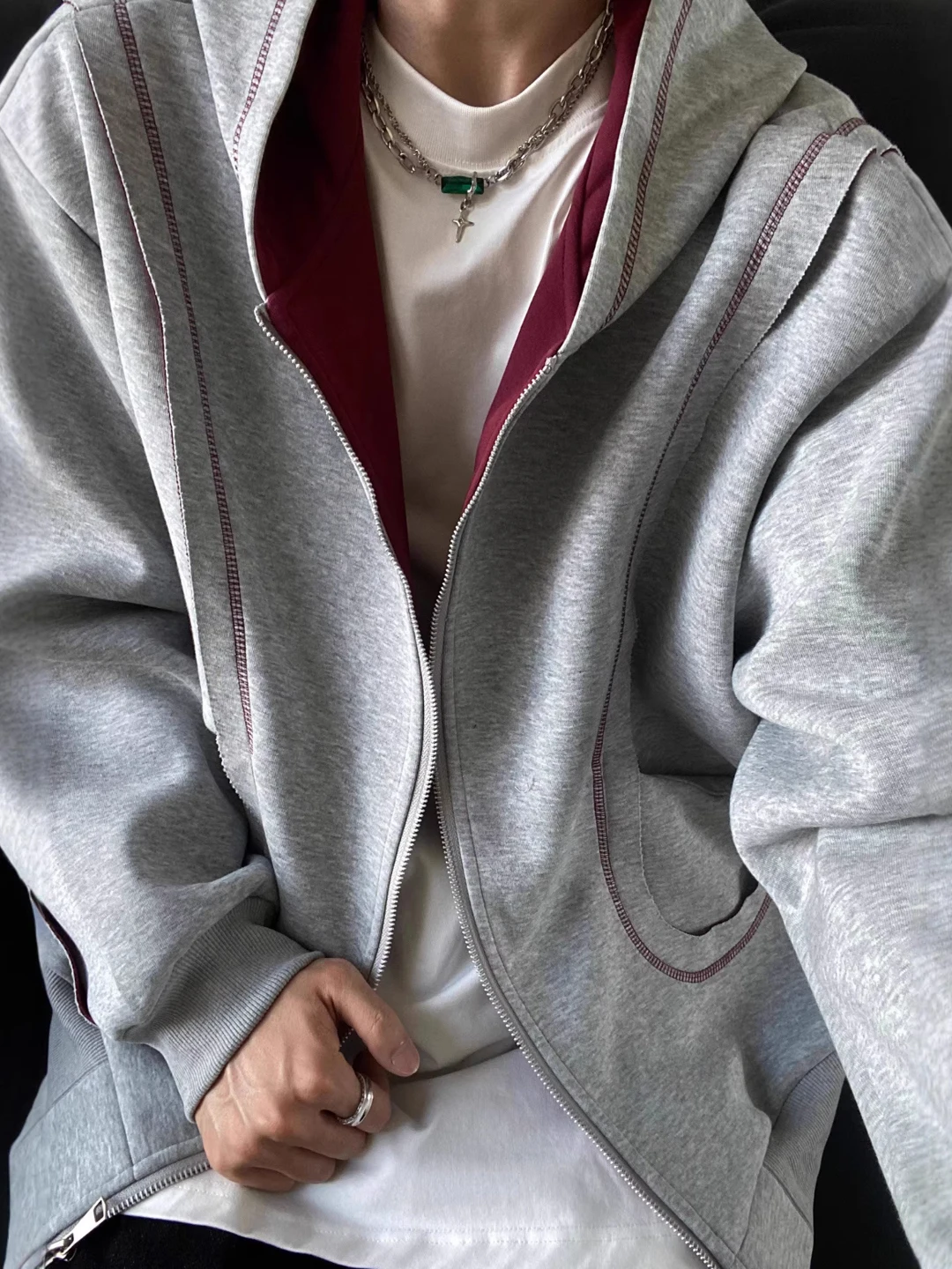 Olive Green Deconstructed Contrast Color Hoodie Men's Autumn Heavyweight Zipper Closure Comfortable Fit Cleanfit Jacket