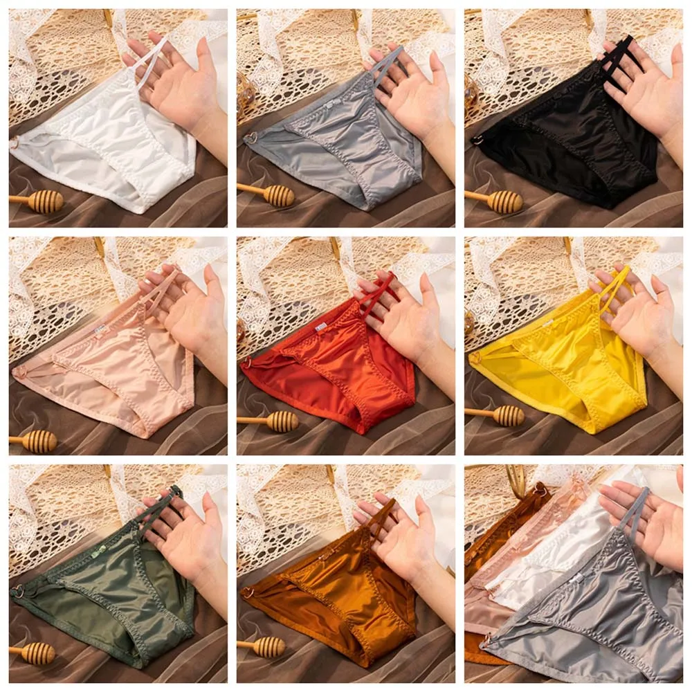 4Colors/set Women's Panties Light Luxury Satin Briefs Low-rise Seamless Thong Pure Cotton Crotch Breathable Underwear