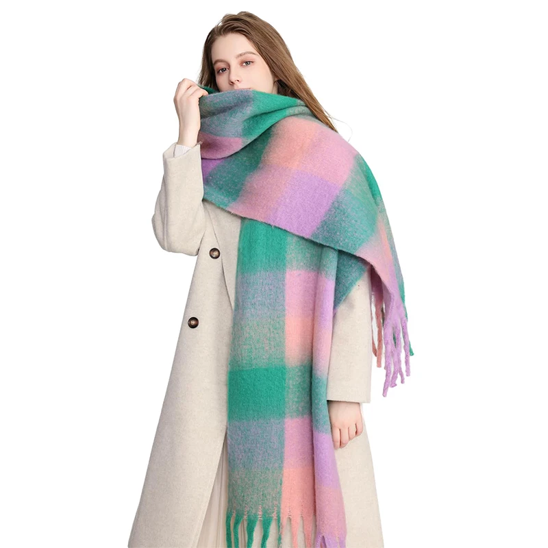 2024 Winter Thick Warm Scarf Women Cashmere Shawl and Wraps Pashmina Neckerchief Bufanda Female Rainbow Hairy Tessel Echarpe New