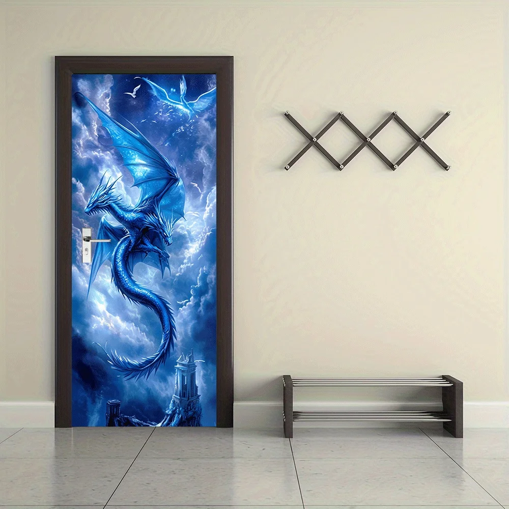 2pcs Dreamy Blue Ice Crystal Dragon Wall Stickers Chinese Style Mythical Animal Decoration Stickers Living Room Bedroom Study En