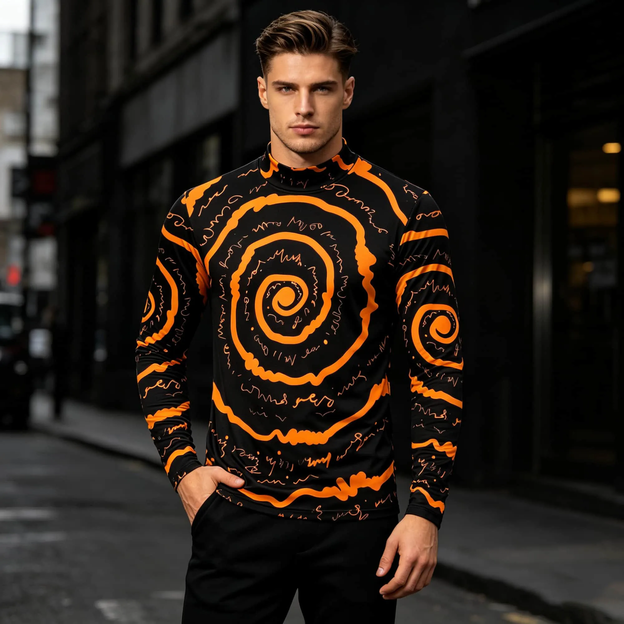 Artistic Hand‑Scribble Men Long Sleeve Pullover Bold Orange Swirl Circle Print Breathable Slim Casual Street Style Shirts