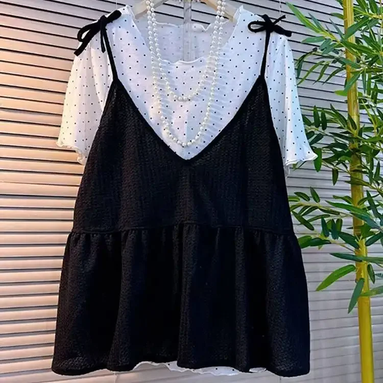 Women's Layered Blouse - Polka Dot Short Sleeve  Ruffled Camisole Two-Piece Top