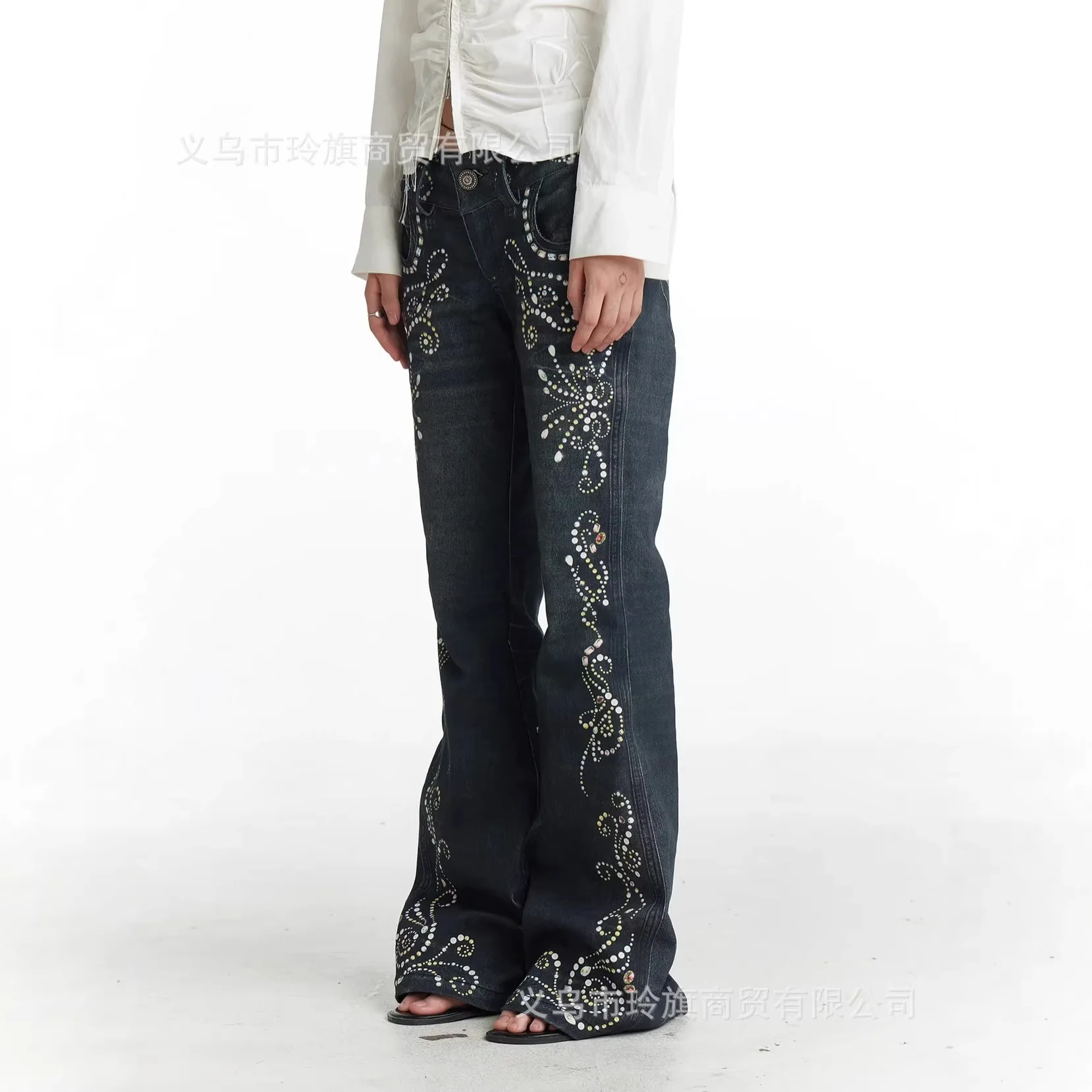 Spot, European And American Women's Clothing Gem Totem Printed Jeans Women's Y2k Bohemian Subculture Pants