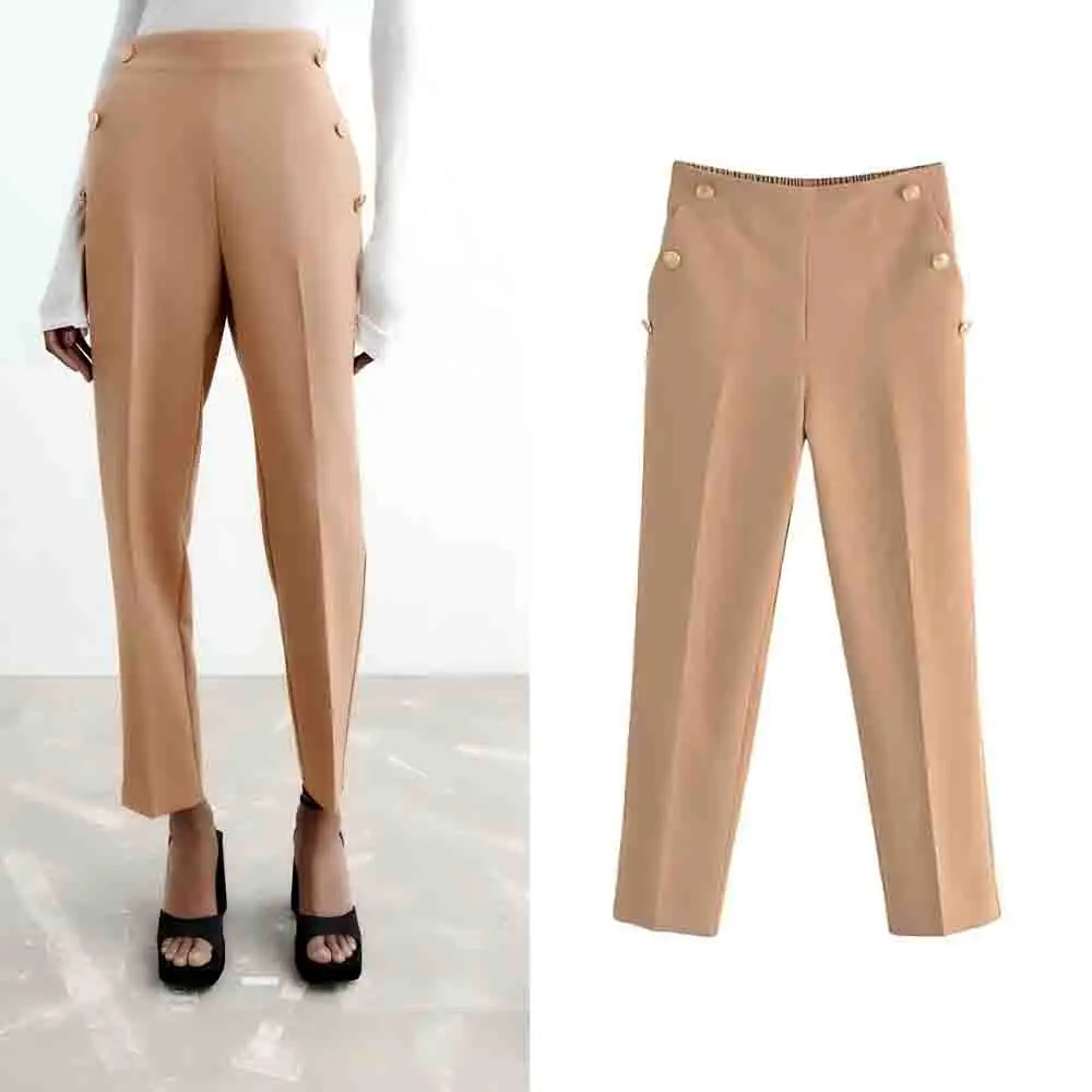 

Women's new chic fashion metal button decoration casual versatile straight leg pants retro high waist side pocket women's pants