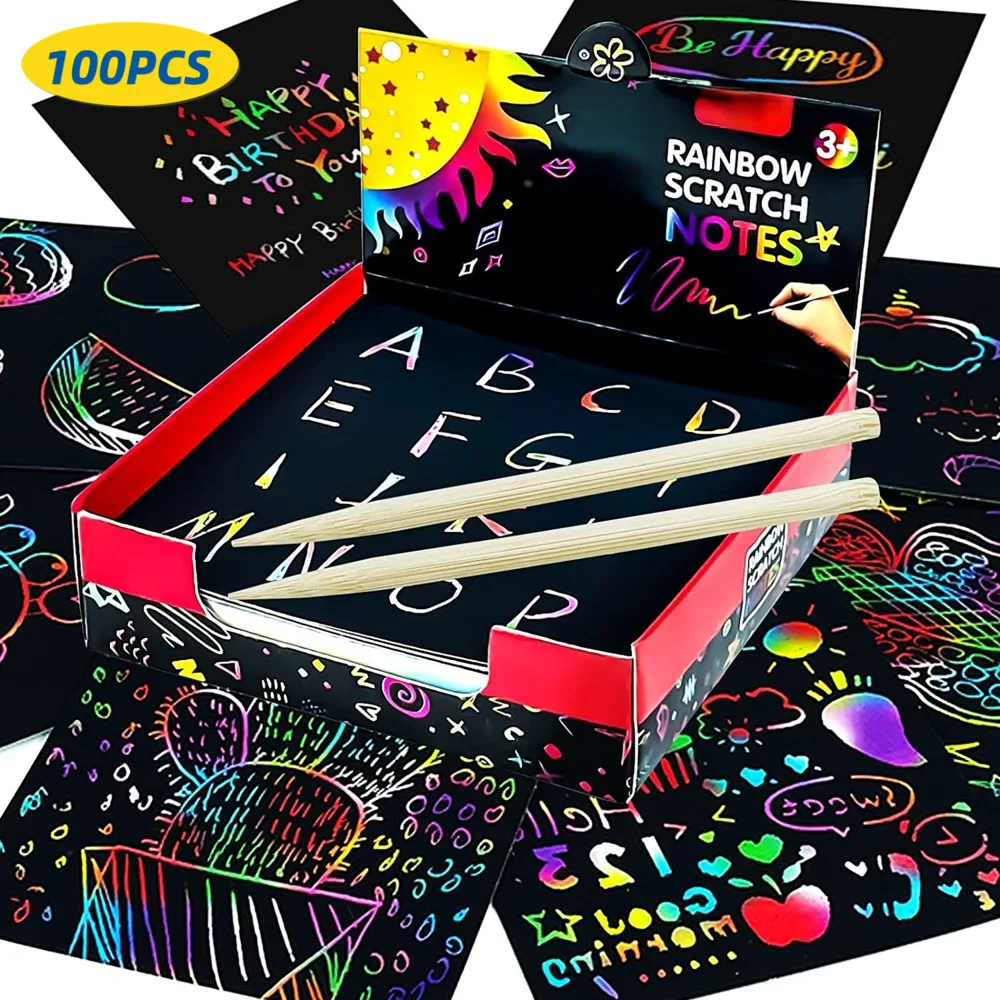 100PCS Rainbow Scratch Mini Notes Paper Pad Cards With Drawing Stencil Children Kids DIY Draw Painting Educational Toys Gifts