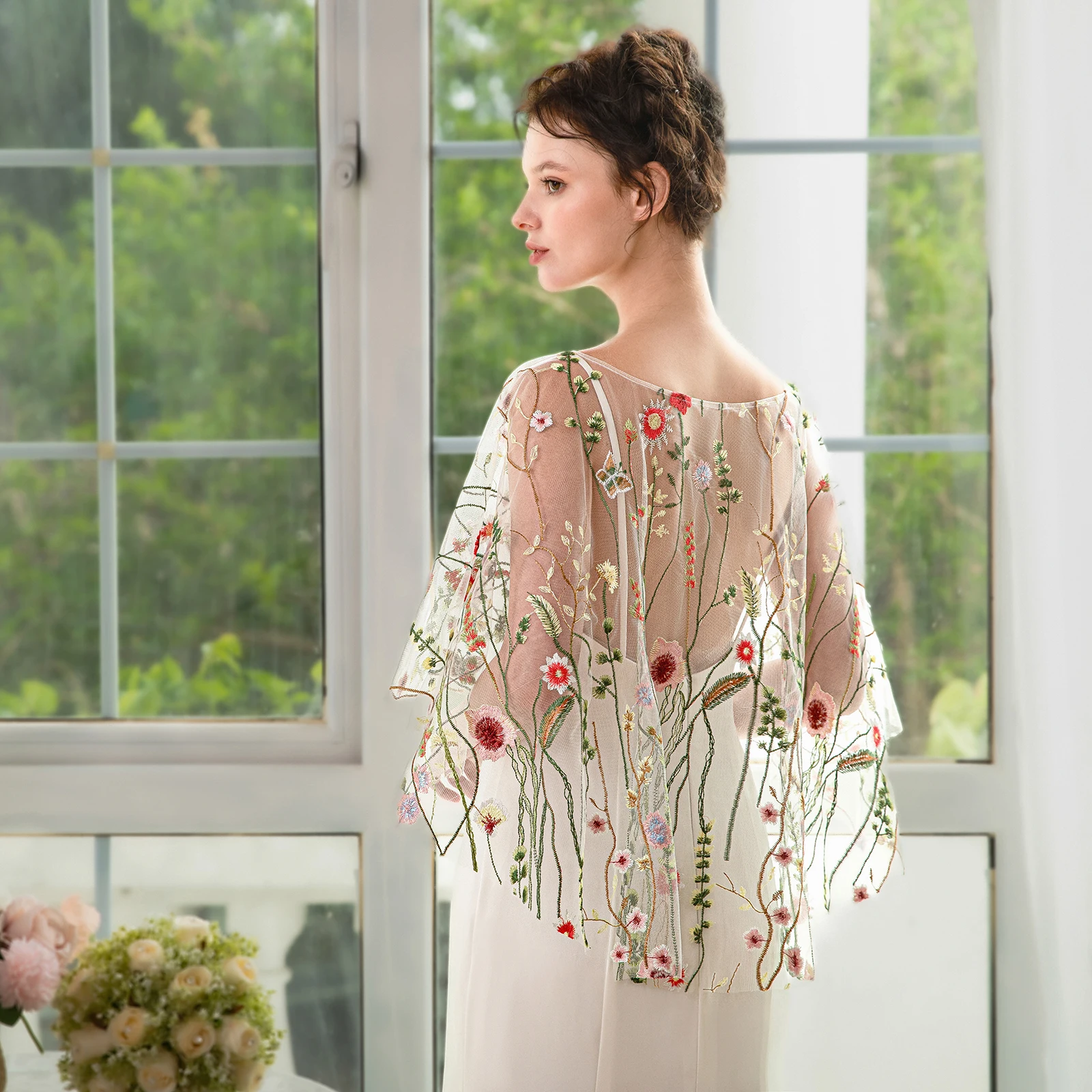 Elegant Jewel Collar Wild Flowers Floral Lace Bridal Wraps Bolero for Women Evening Party Shawls Marriage Wedding Accessories image 6