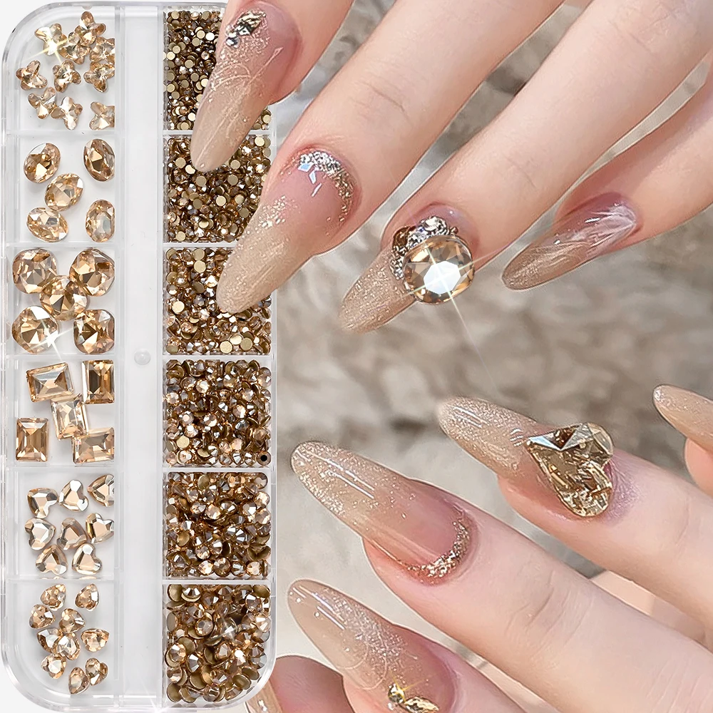 

1BOX Champagne Gold Luxury 3D Nail Rhinestones K9 Mixed Round, Heart, Square, Oval Nail Diamond 12 Grids Shiny Nails Glass Stone