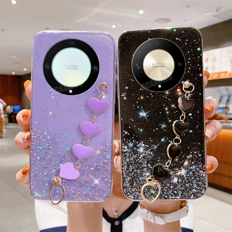 

Magic5lite Love Heart Wrist Chain Glitter Case For Huawei Honor Magic 5 6 Magic5 Lite 70 90 50 X8 X6 X9b Bracelet Silicone Cover