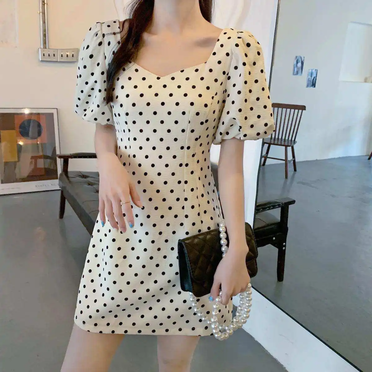 

Hit Color Polka Dot Dress Women Summer Chic V Neck Drawstring Puff Sleeve Dresses Korean Fashion Vestidos Elegantes dresses y2k