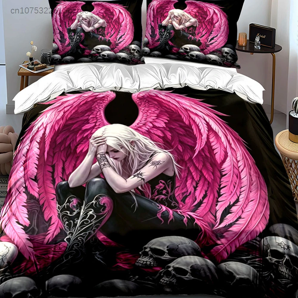 3PC Gothic Pink Angel Wings Print Bedding Set 3D Fallen Angel Duvet Cover Pillowcases Skull Skeleton Black Bed Linen