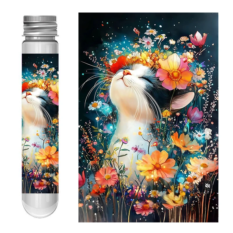 Mini Test Tube Jigsaw Puzzle Cat in Colorful Flowers Difficult Jigsaw Puzzle for Adult Decompression Toys Game Family
