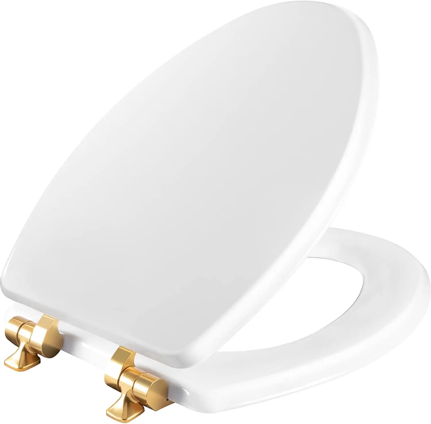 

Benton Toilet Seat with Brushed Gold Hinges, Slow Close Wood Seat, Secure Metal Hinges, Easy Install, Elongated, White