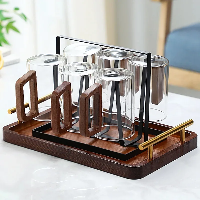 

Wooden Handle Drinking Glasses Coffee Mugs Glass Teacup High Temperature Resistant Water Cup Set Tea Cup Tray and Cup Rack