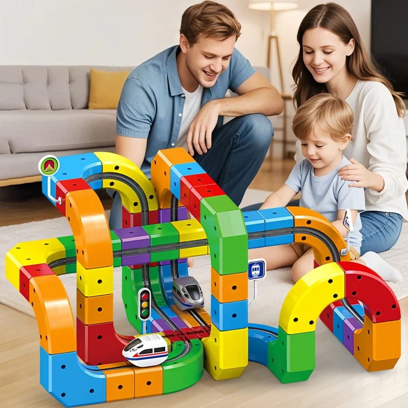 

Fun DIY Race Car Track Building Kits for Kids Versatile Roller Coaster with Train And Traffic Signs STEM Toy Boys Christmas Gift