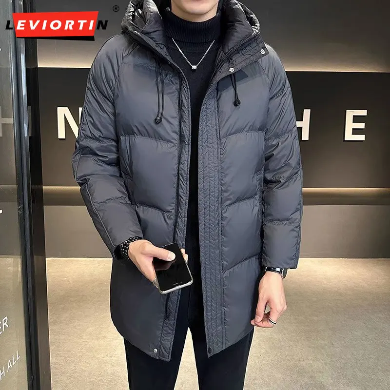 

2025 Winter New Fashionable Medium to Long Down Jacket Men's Trendy Brand Casual Versatile White Duck Down Hooded Thick Coat