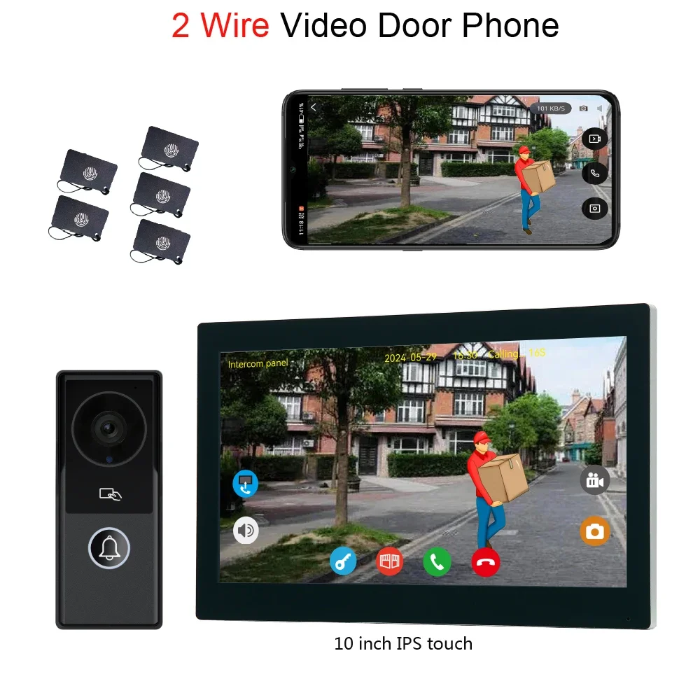 1Set 2Pin Cable Wire Video Door Phone System 7/10" IPS Touch Screen 2MP Camera 2.4G WiFi Smart Life APP Push Message IC Card