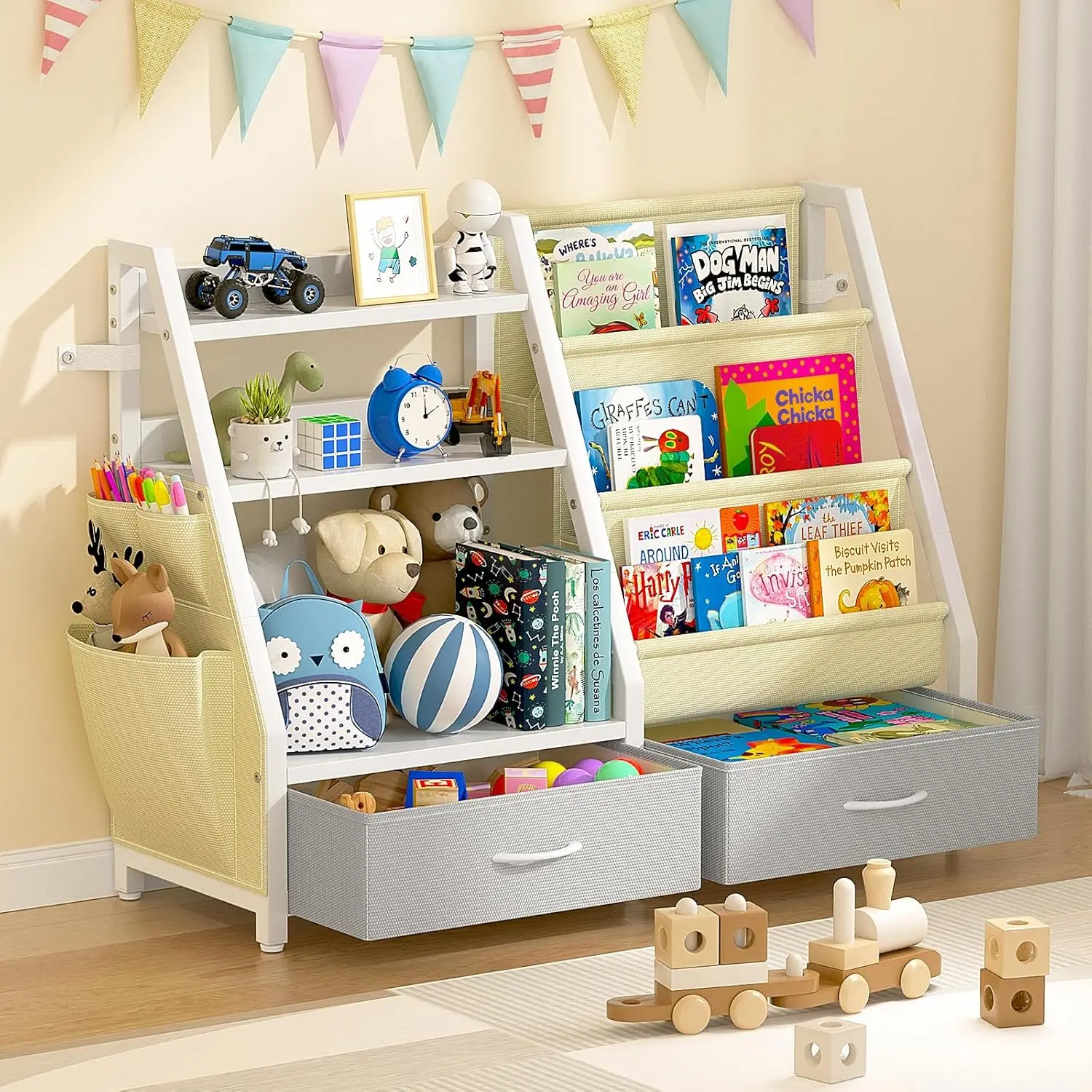 

3-Tier Kids Bookshelf and Toy Organizer with Storage Bins, Sturdy Montessori Design for Playroom or Nursery